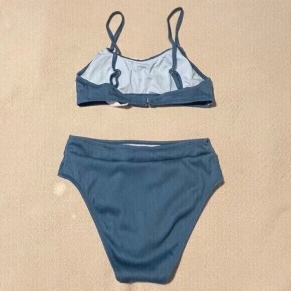 Cupshe Women’s Blue Ribbed Bikini Set Small Scoop Neck Top High Waist Bottom - Picture 4 of 8